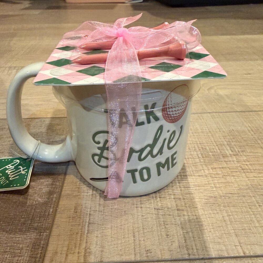 Talk Birdie To Me Golf-Themed Ceramic Mug With Pink Bow & Golf Tee Gift Set